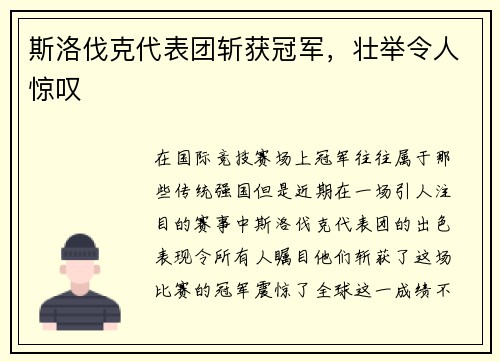 斯洛伐克代表团斩获冠军，壮举令人惊叹