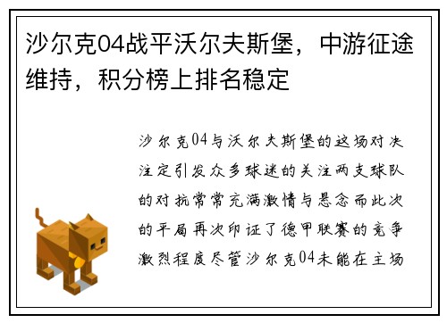 沙尔克04战平沃尔夫斯堡，中游征途维持，积分榜上排名稳定