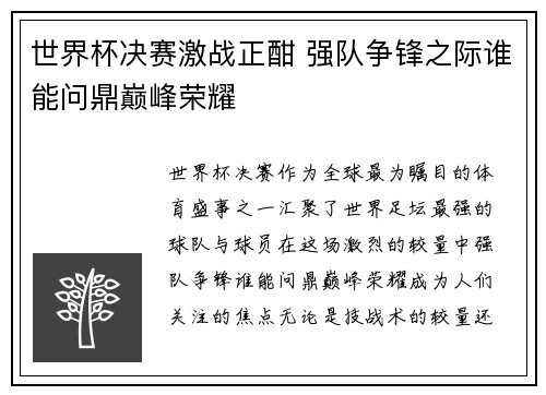 世界杯决赛激战正酣 强队争锋之际谁能问鼎巅峰荣耀